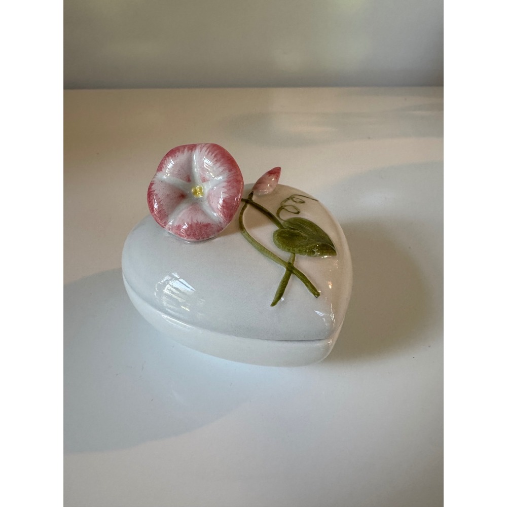 Fitz and Floyd 1982 Heart Trinket Box Pink Morning Glory Flower Hand Painted